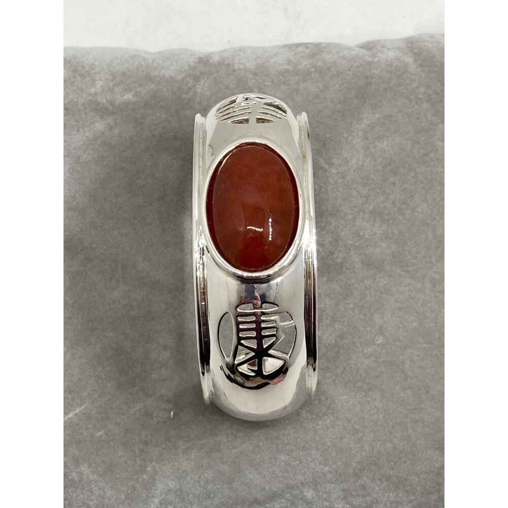 925 Sterling Silver Vintage Wide Red Jade Adjustable Cuff Bracelet
